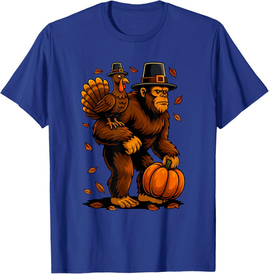 Funny Thanksgiving Bigfoot Turkey Pumpkin Boys Kids Teens T-Shirt - T-Shirt | Royal