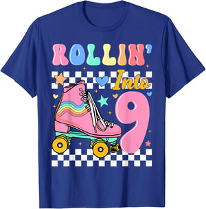 Rollin' Into 9 Years Old Roller Skating Girl 9th Birthday T-Shirt - T-Shirt | Royal