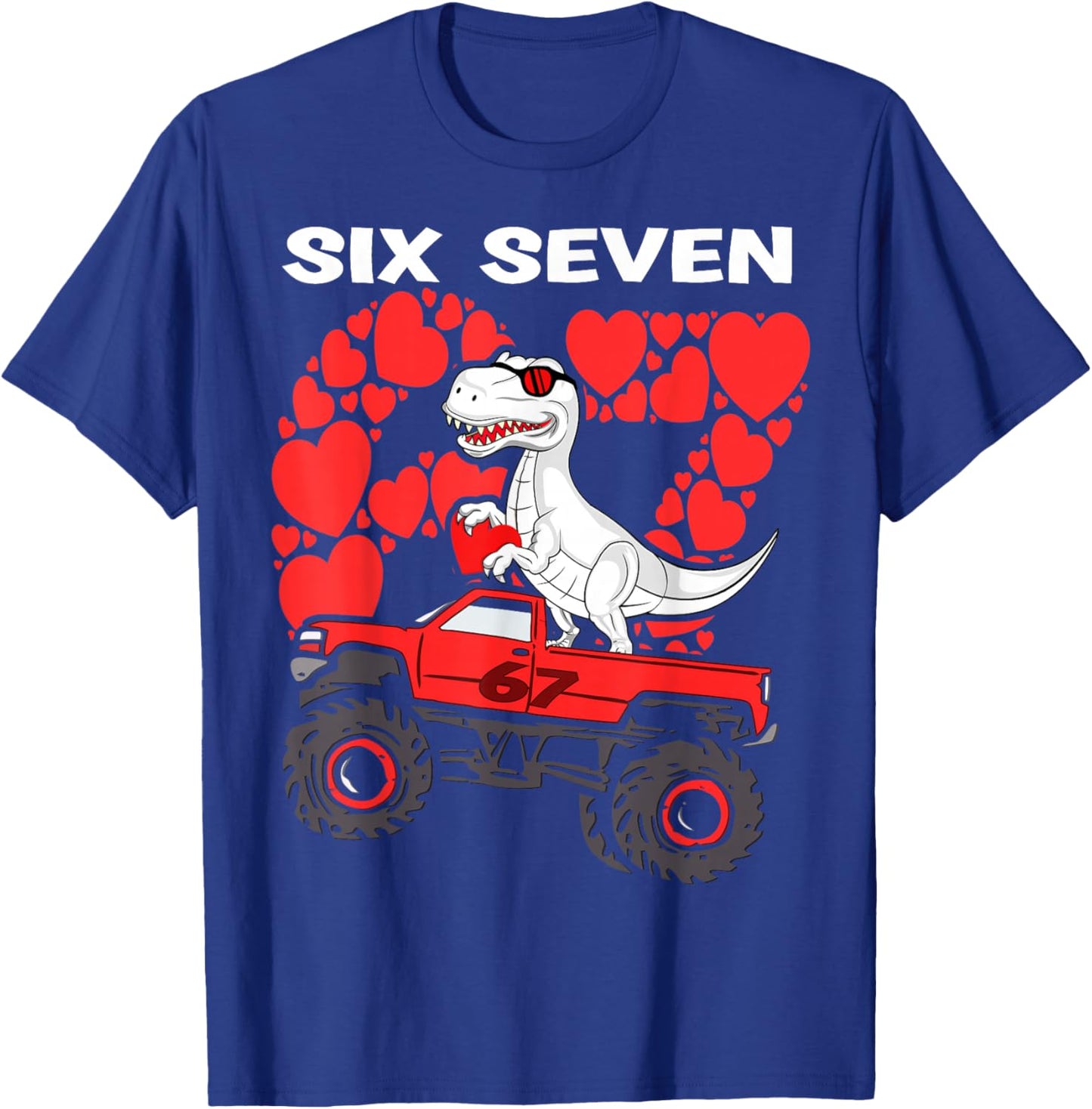 Valentines Day Boys Kids Truck Hearts Dinosaur six Seven 67 T-Shirt - T-Shirt | Royal