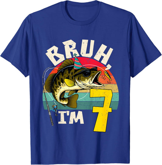Bruh I'm 7 Years Old Fishing Birthday Theme Party T-Shirt - T-Shirt | Royal