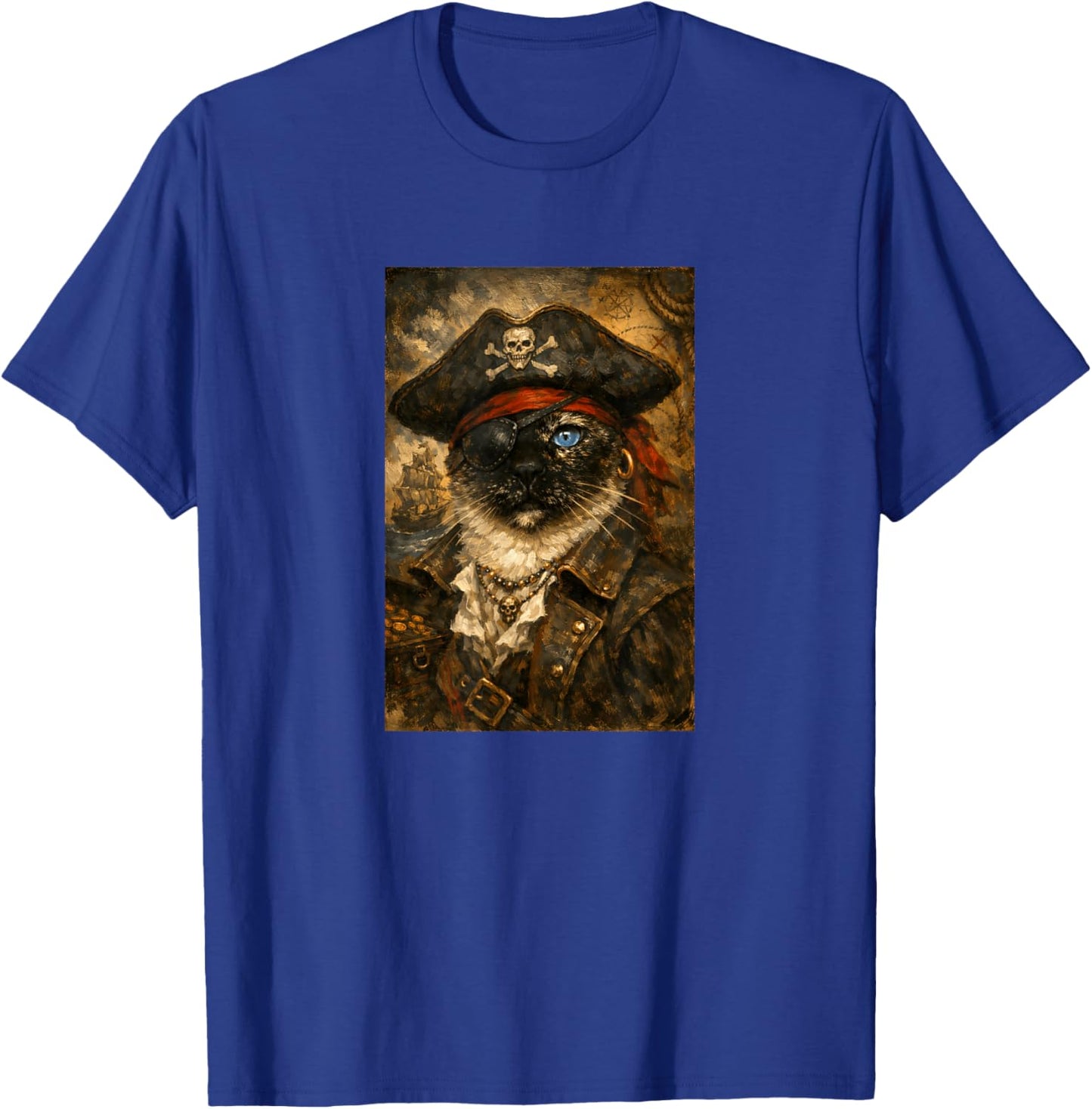 Funny Pirate Cat Vintage Oil Painting Portrait Eye Patch T-Shirt - T-Shirt | Royal