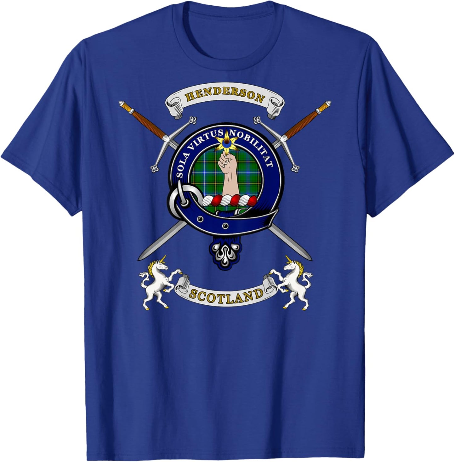 Henderson Scottish Clan Badge Tartan & Swords (Back) T-Shirt - T-Shirt | Royal