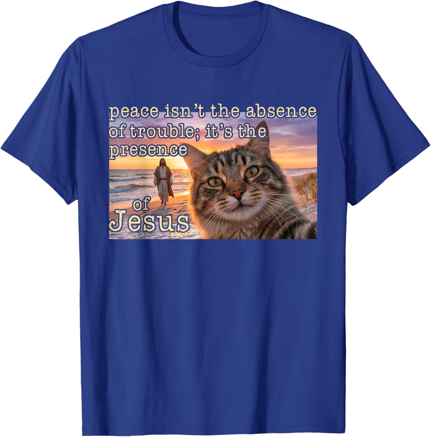 Christian Cat Selfie Peace Presence of Jesus Funny Faith T-Shirt - T-Shirt | Royal