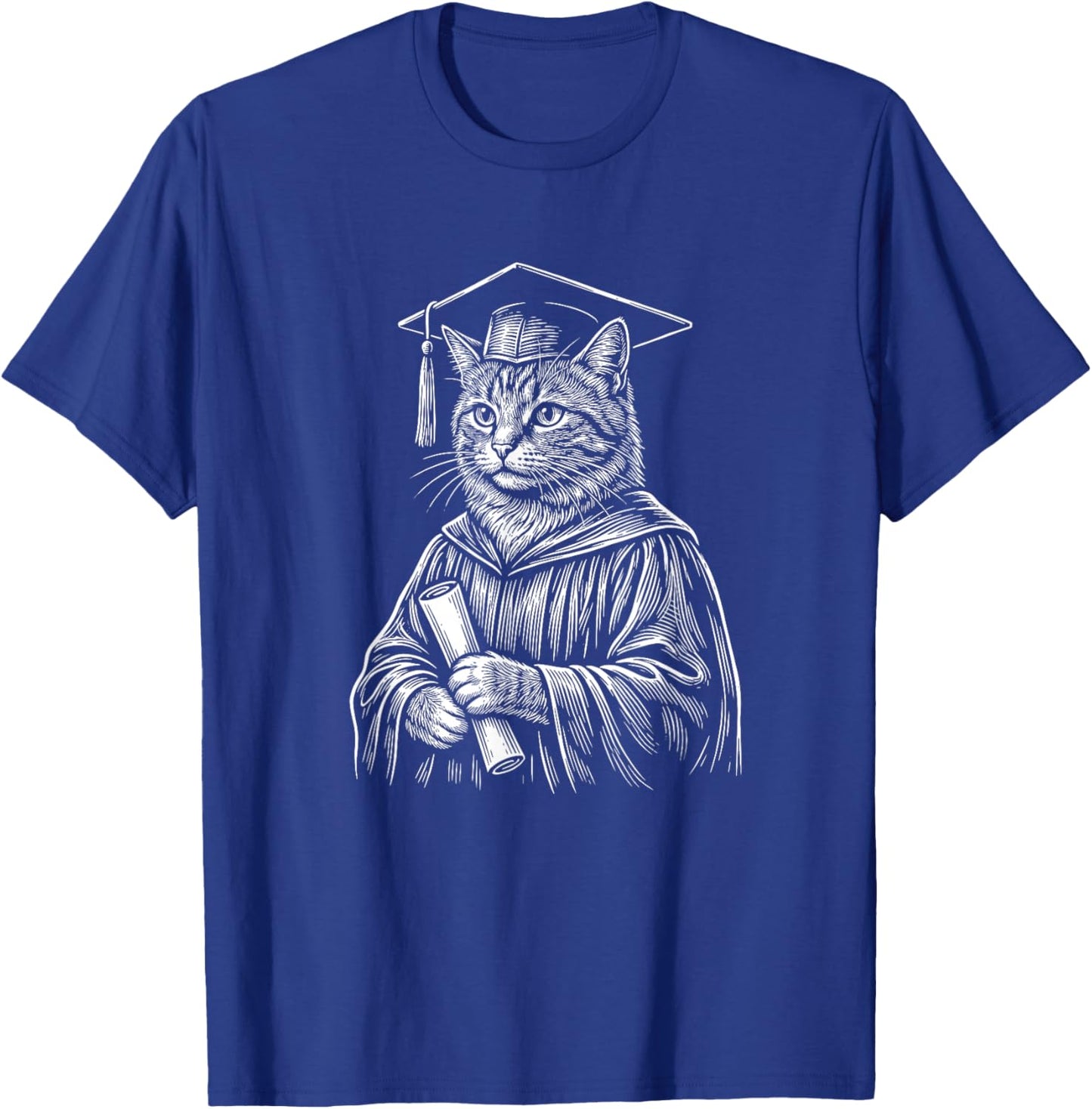 Cat Wearing Graduation Cap Gown with Diploma Funny T-Shirt - T-Shirt | Royal