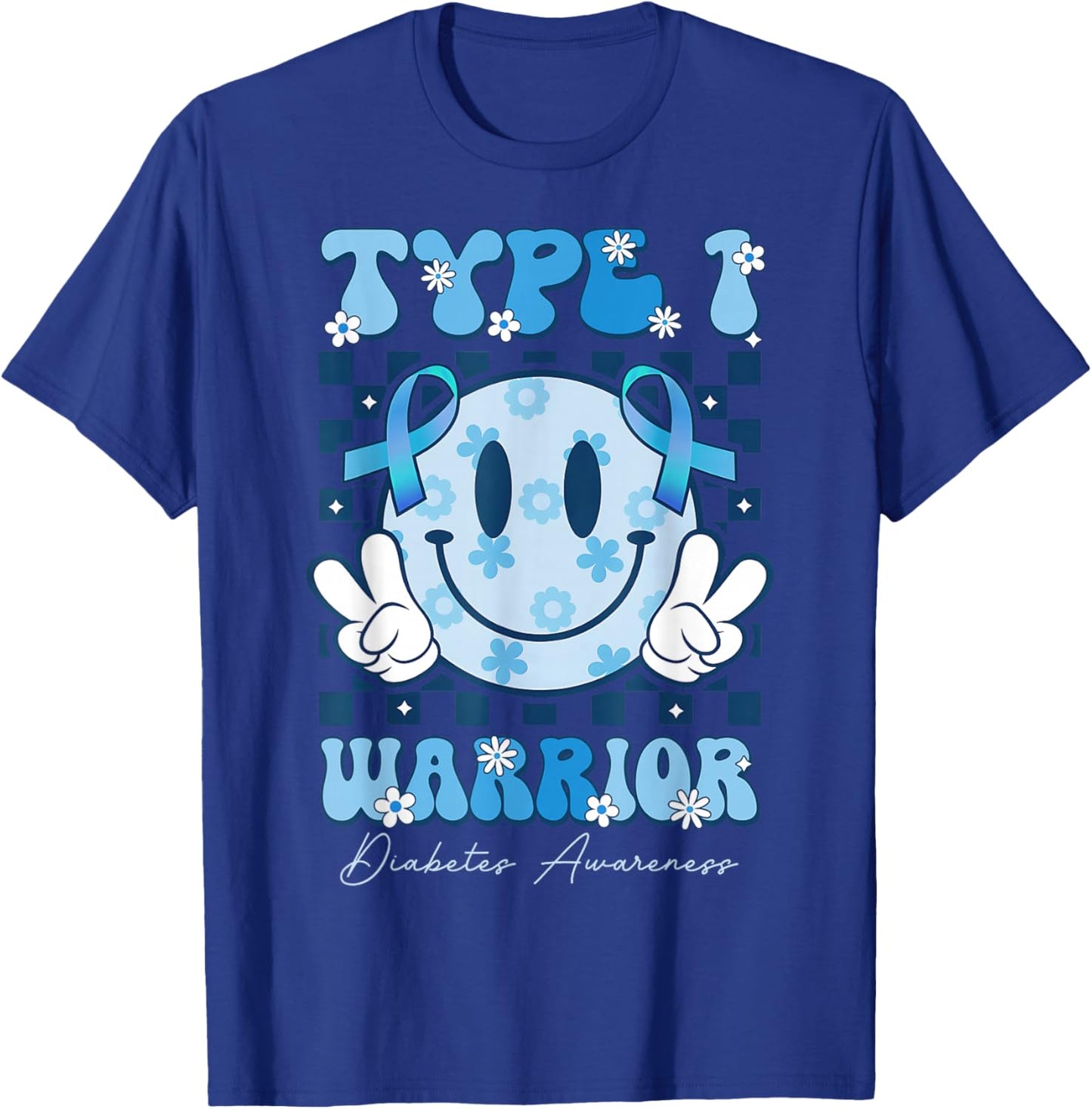 T1D Warrior Type 1 Diabetes Awareness Blue Ribbon Cute Face T-Shirt - T-Shirt | Royal