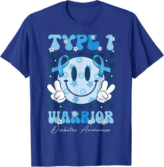 T1D Warrior Type 1 Diabetes Awareness Blue Ribbon Cute Face T-Shirt - T-Shirt | Royal