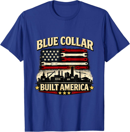 Blue Collar Built America Vintage Tools and Flag Art T-Shirt - T-Shirt | Royal