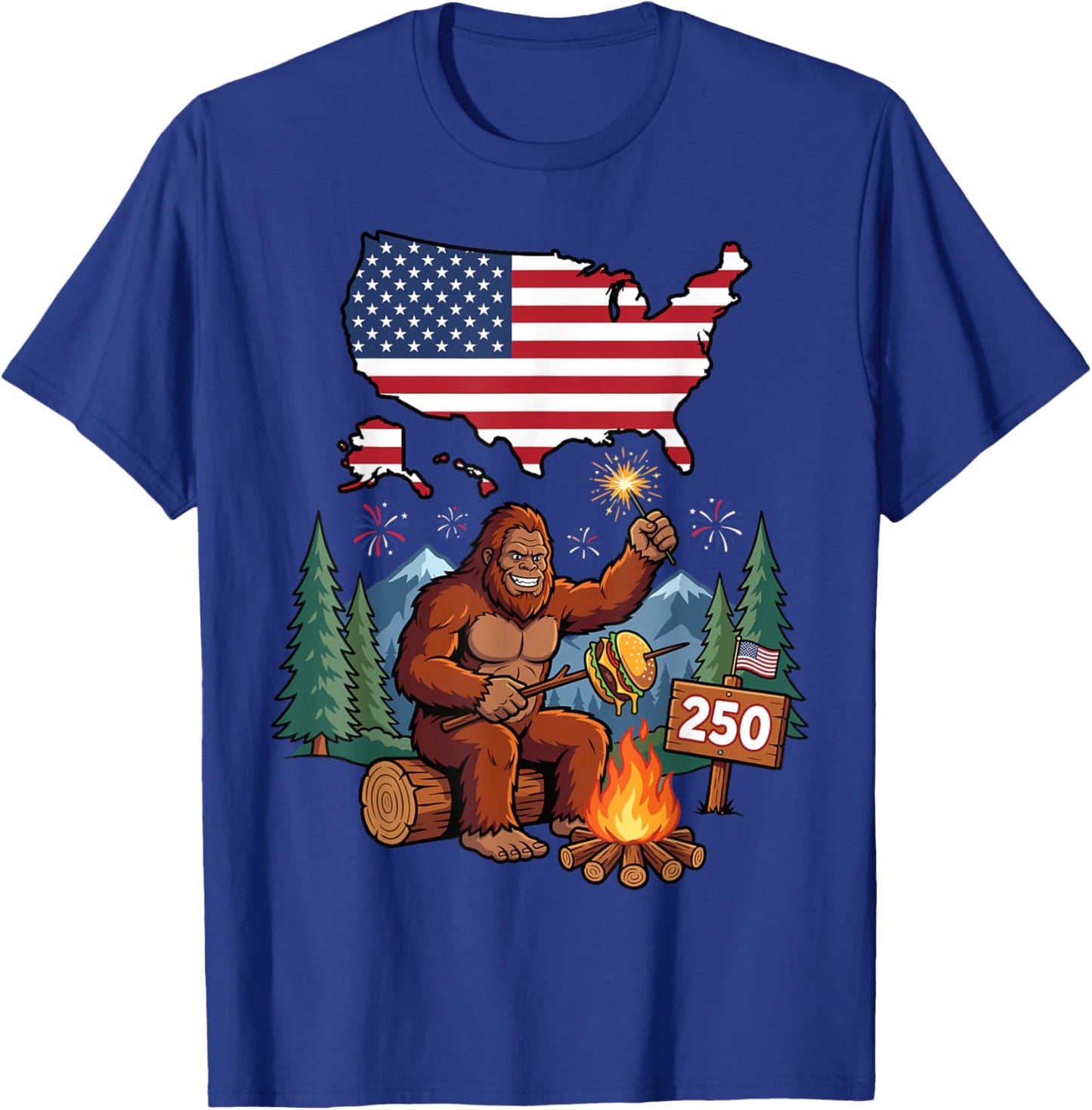 Bigfoot Campfire USA 1776 2026 Patriotic Sasquatch T-Shirt - T-Shirt | Royal