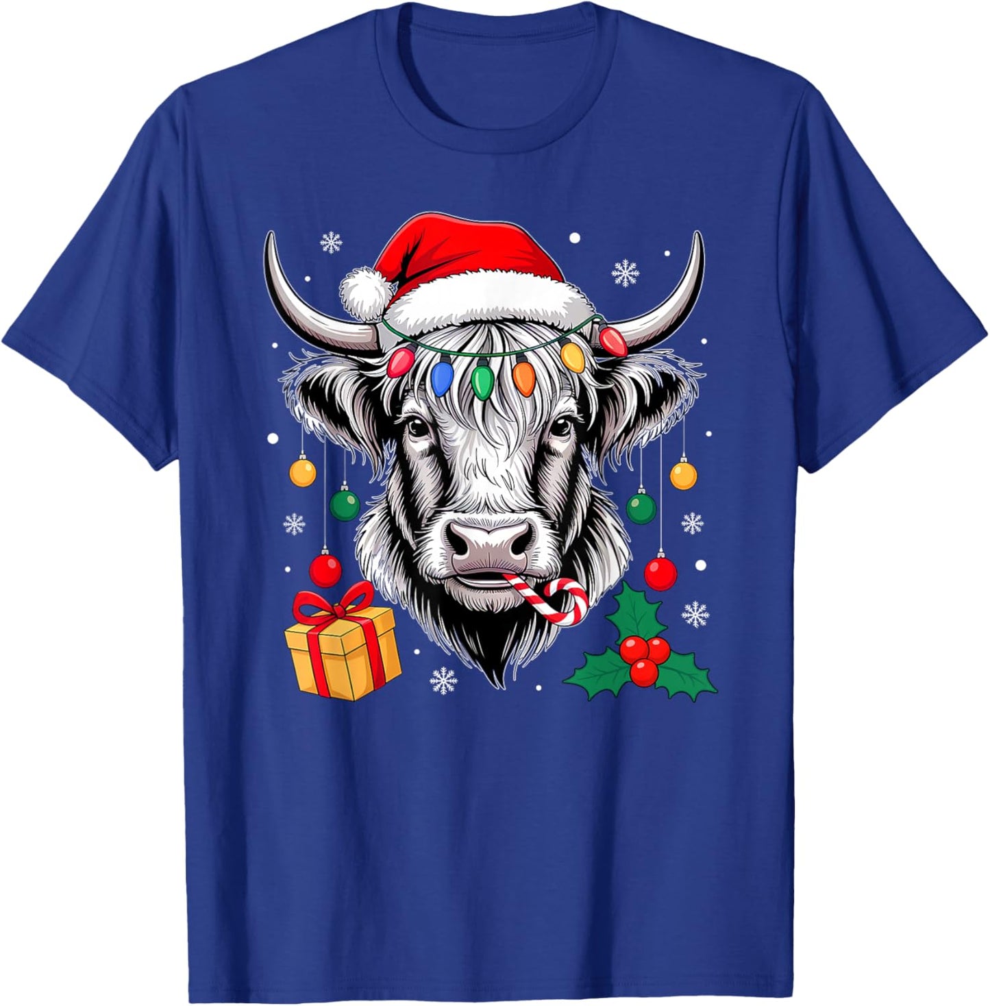 Cow Christmas Lights Santa Hat Family Matching Xmas Pajamas T-Shirt - T-Shirt | Royal