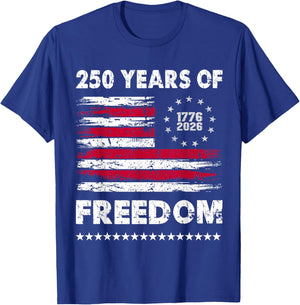 Vintage 250 Years of Freedom 1776 2026 American USA Flag T-Shirt - T-Shirt | Royal