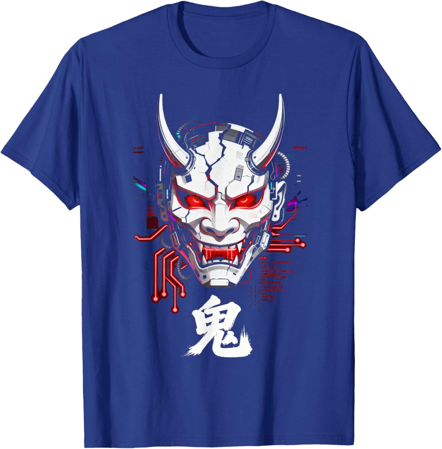 Cyberpunk Oni Mask Glitch Japanese Kanji Sci-Fi T-Shirt - T-Shirt | Royal