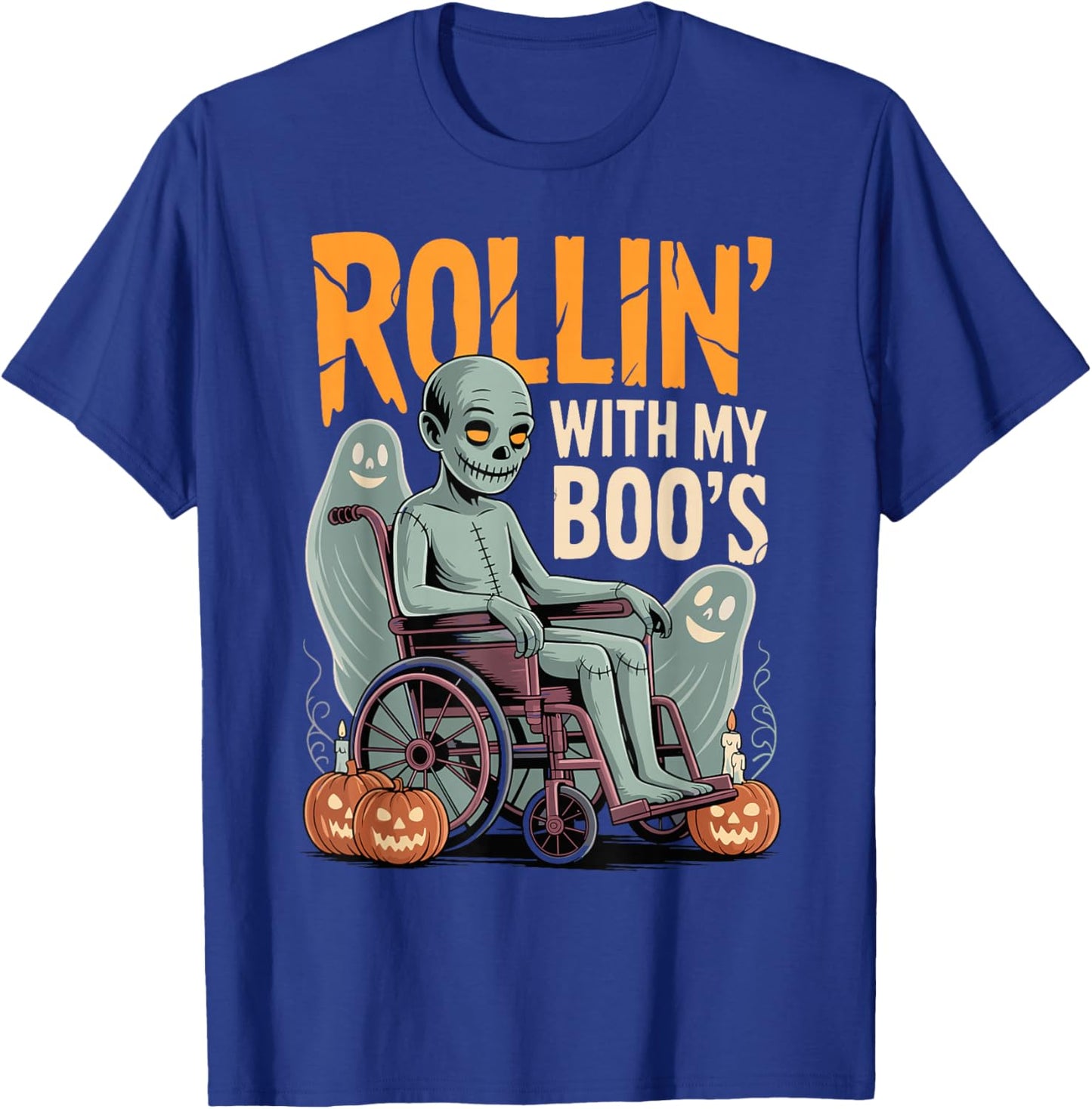 Halloween Wheelchair Costume Handicap Joke Rollin with Boo's T-Shirt - T-Shirt | Royal
