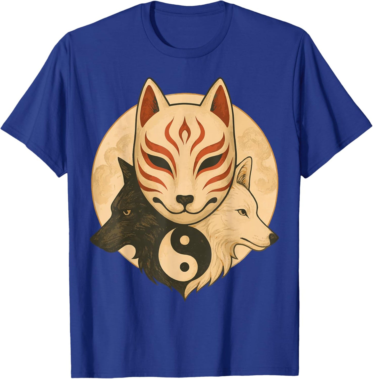 Kitsune Mask Yin Yang Wolves Balance Spirit Art T-Shirt - T-Shirt | Royal