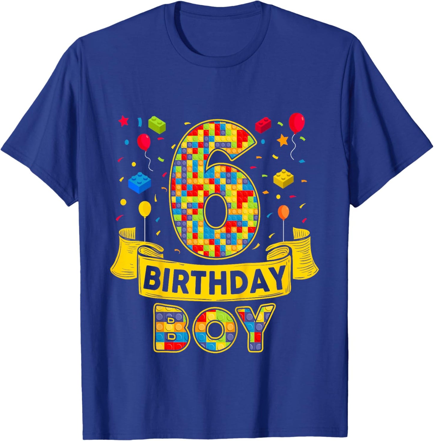 6th Birthday Boy Bricks Six Bday 6 Year Old Birthday Boy T-Shirt - T-Shirt | Royal
