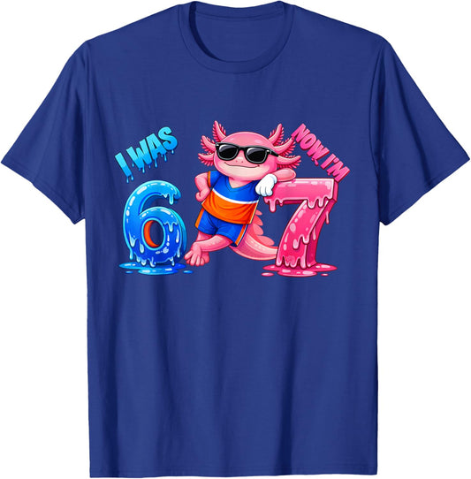 7th Birthday Axolotl drip Kids Boys Girls I was 6 Now Im 7 T-Shirt - T-Shirt | Royal