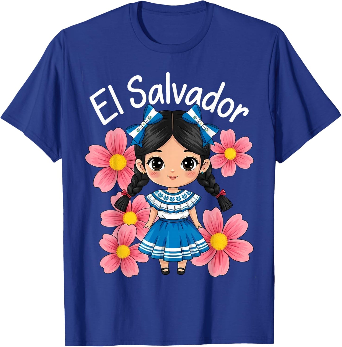 Salvadoran Flag Hispanic Heritage Cute El Salvador Girl Kids T-Shirt - T-Shirt | Royal