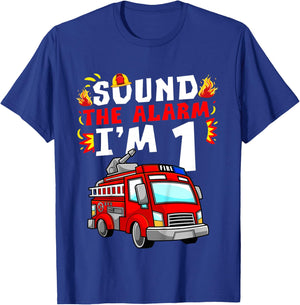 Fire Truck I'm 1 Sound The Alarm Firefighter 1st Birthday T-Shirt - T-Shirt | Royal