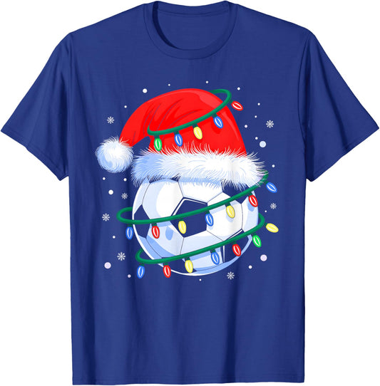 Funny Christmas Soccer Men Boys Santa Hat Xmas Tree Lights T-Shirt - T-Shirt | Royal