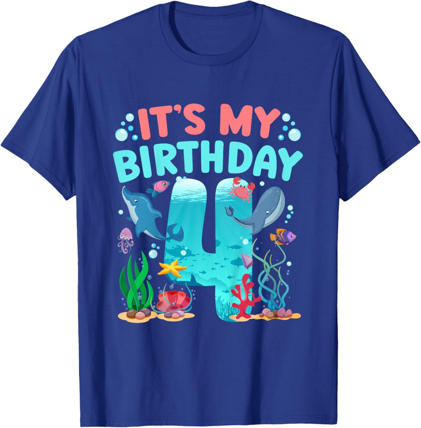 4th Ocean Birthday Party 4 Year Old Sea Animals T-Shirt - T-Shirt | Royal