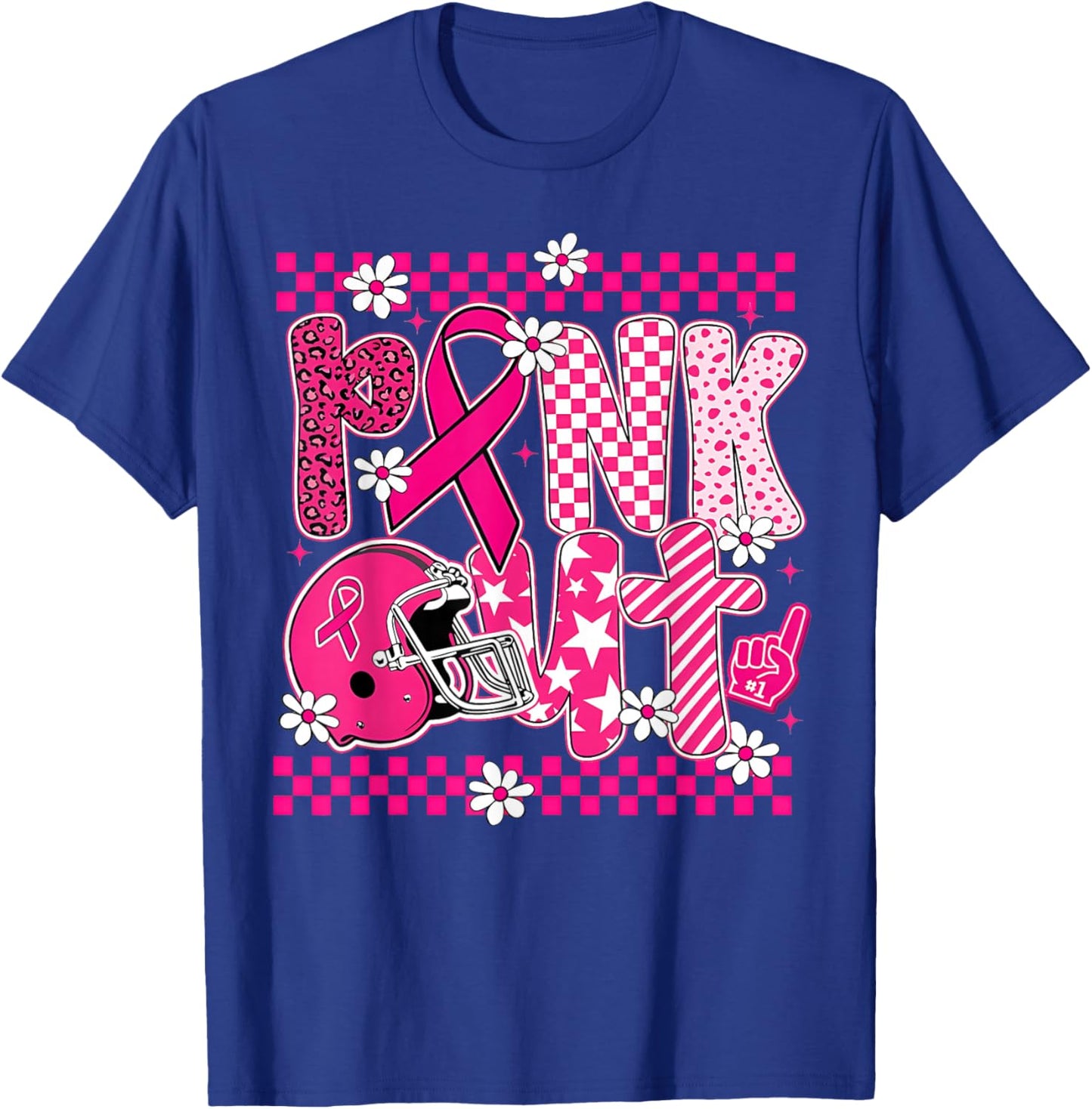 Pink Out Cheer Football Pink Ribbon Breast Cancer Awareness T-Shirt - T-Shirt | Royal