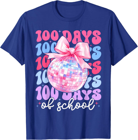 100 Days of School Groovy Disco Coquette Bow Teacher Kids T-Shirt - T-Shirt | Royal