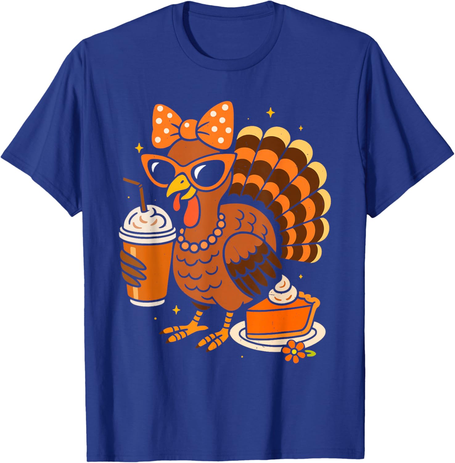 Turkey Drinking Coffee Bow Thanksgiving Turkey Day T-Shirt - T-Shirt | Royal