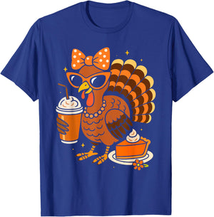 Turkey Drinking Coffee Bow Thanksgiving Turkey Day T-Shirt - T-Shirt | Royal
