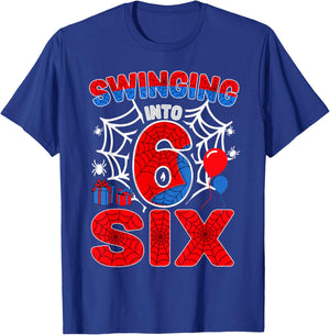 Swinging Into 6 Year Old Boy Funny 6th Spider Birthday Party T-Shirt - T-Shirt | Royal