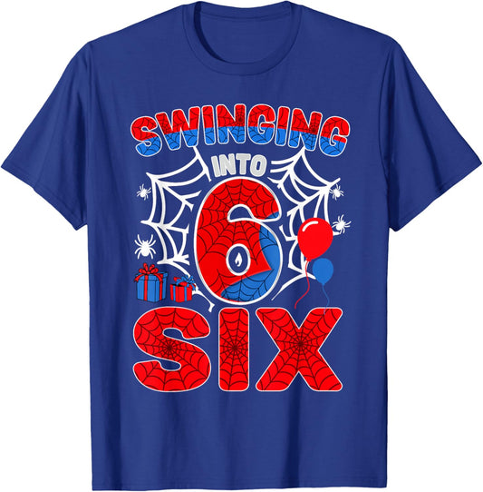 Swinging Into 6 Year Old Boy Funny 6th Spider Birthday Party T-Shirt - T-Shirt | Royal