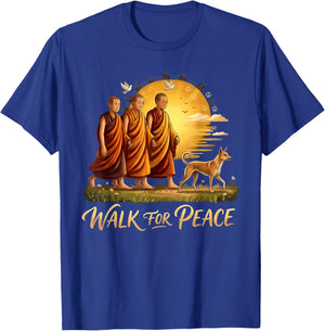 Walk for Peace Monks with Aloka Dog Sunset Peace Sign Art T-Shirt - T-Shirt | Royal