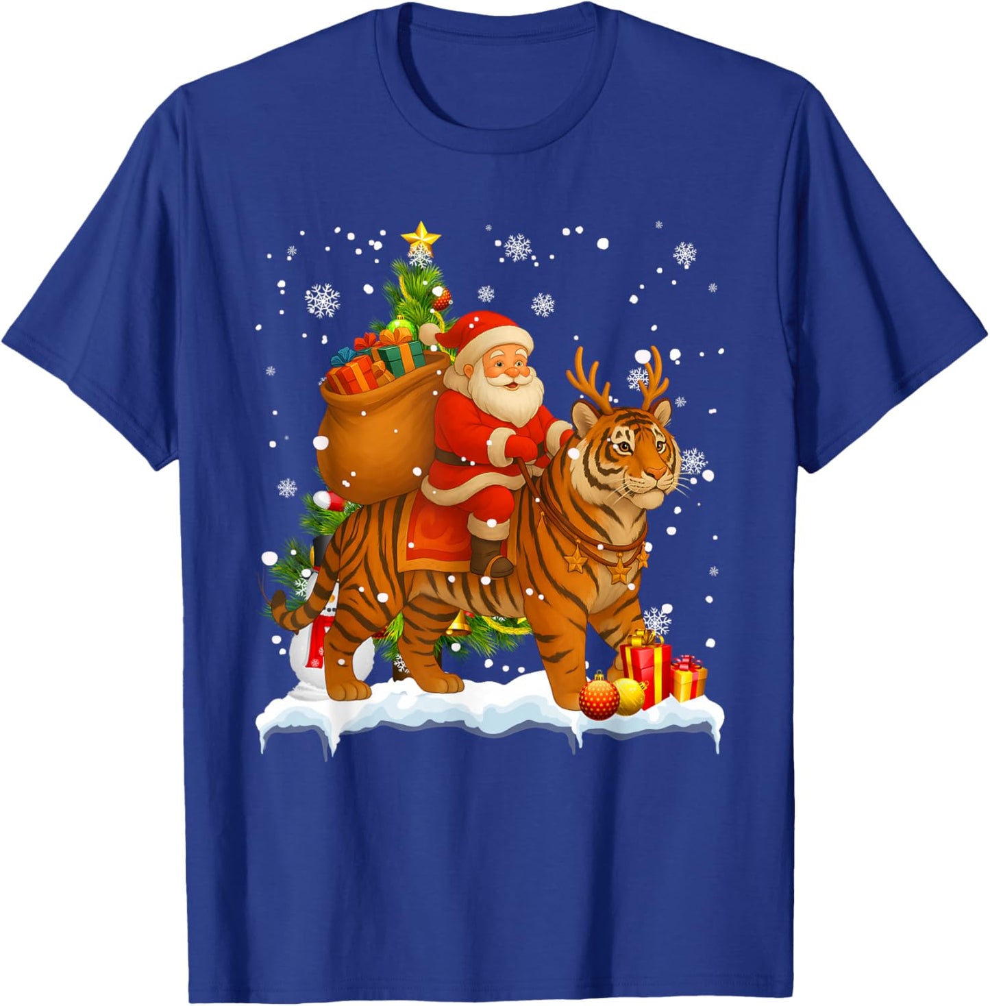 Xmas Decor Lights Funny Santa Riding Tiger Christmas T-Shirt - T-Shirt | Royal