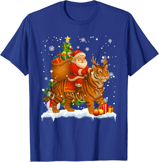 Xmas Decor Lights Funny Santa Riding Tiger Christmas T-Shirt - T-Shirt | Royal