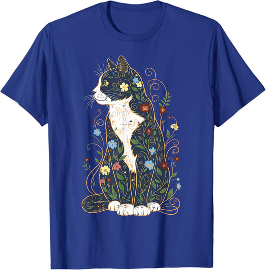Cat Sitting Ornamental Flowers Kitten Floral Women Girls Kid T-Shirt - T-Shirt | Royal