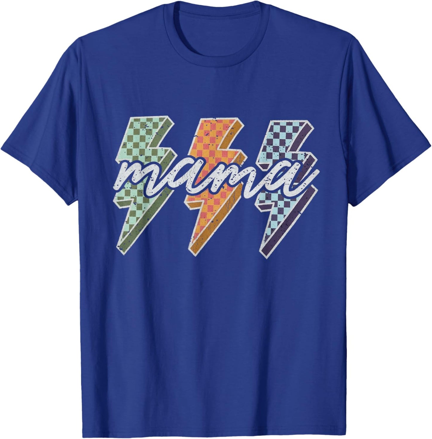 Mama Retro Checkered Lightning Bolt Groovy 70s Art T-Shirt - T-Shirt | Royal