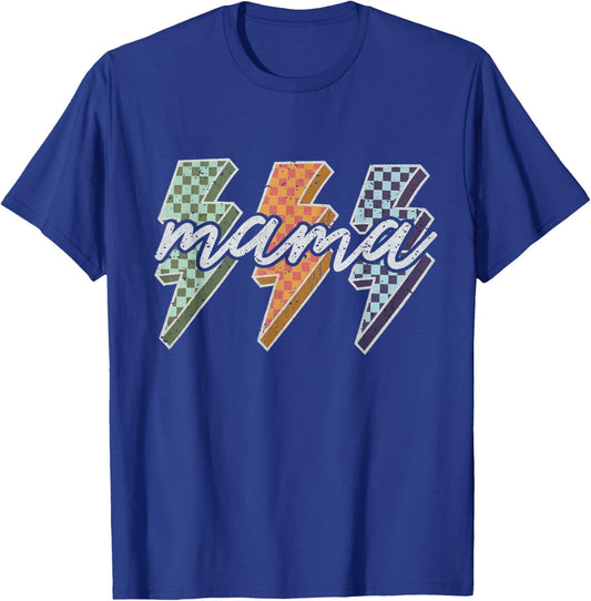 Mama Retro Checkered Lightning Bolt Groovy 70s Art T-Shirt - T-Shirt | Royal