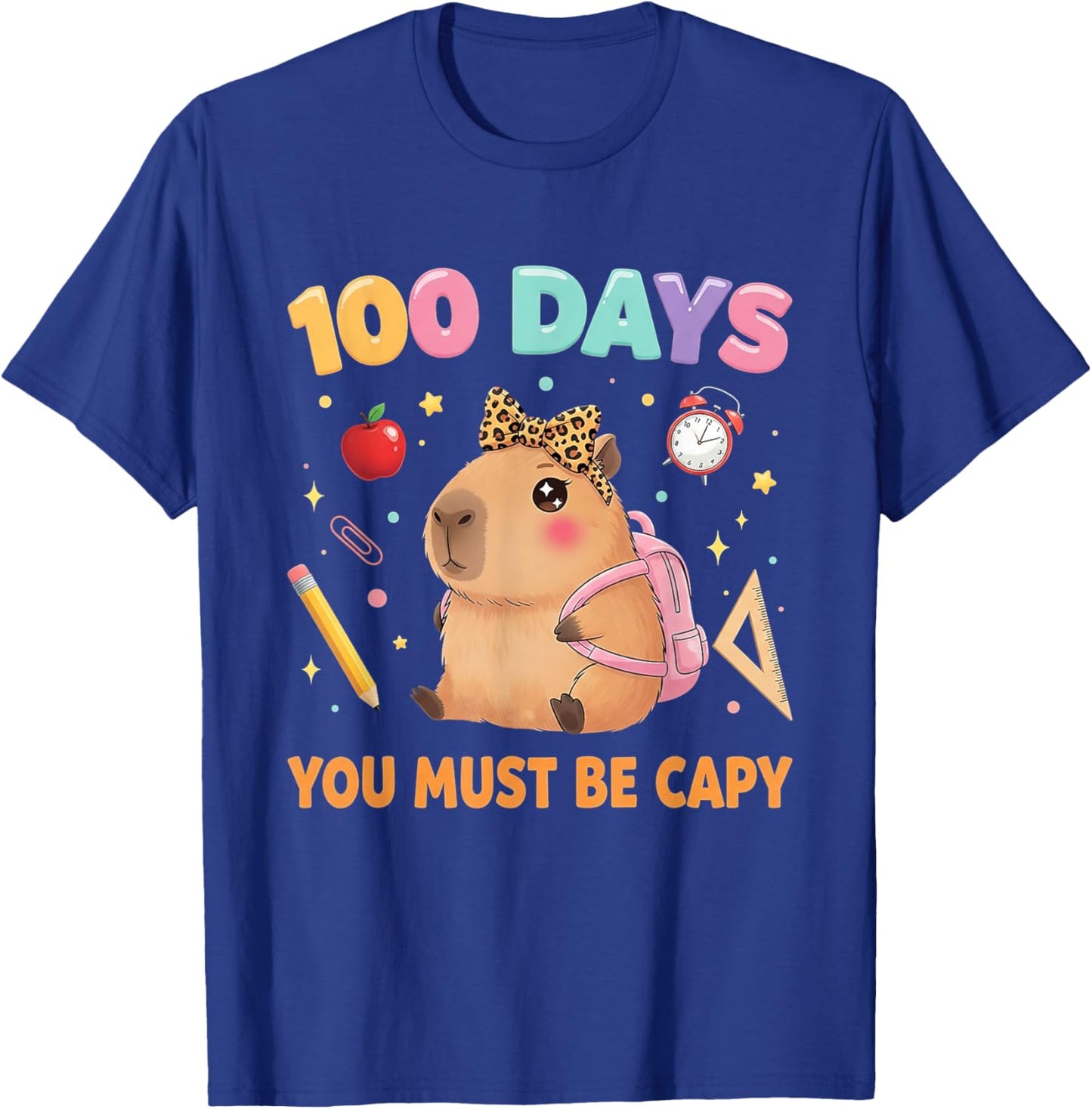 Cute 100 Days of School Capybara with Leopard Bow Teacher T-Shirt - T-Shirt | Royal