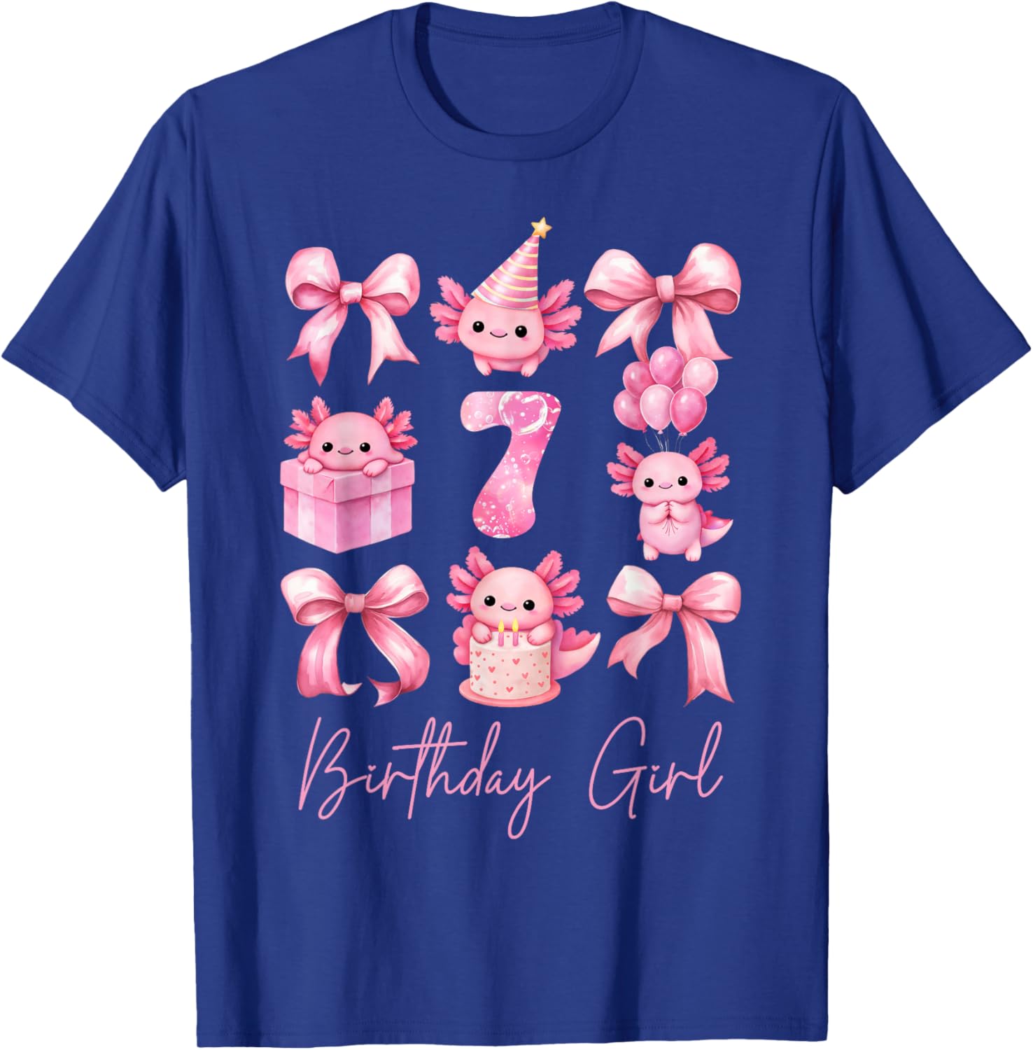 Cute Axolotl 7th Birthday Girl Pink Coquette Bow 7 Years Old T-Shirt - T-Shirt | Royal