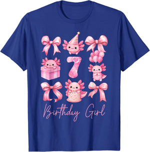 Cute Axolotl 7th Birthday Girl Pink Coquette Bow 7 Years Old T-Shirt - T-Shirt | Royal