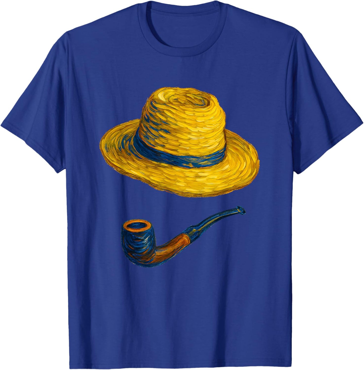 Straw Hat and Blue Pipe Van Gogh Style Art Painting T-Shirt - T-Shirt | Royal
