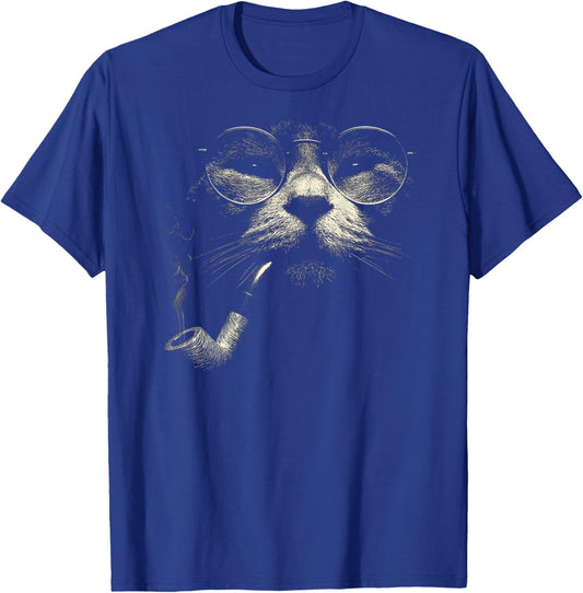 Cat Smoking Pipe Glasses Vintage Meme Grunge 90s ON Back T-Shirt - T-Shirt | Royal