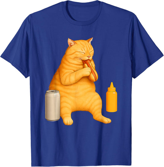 Funny Cat Eating Hot Dog for Foodies and Pet Lovers T-Shirt - T-Shirt | Royal
