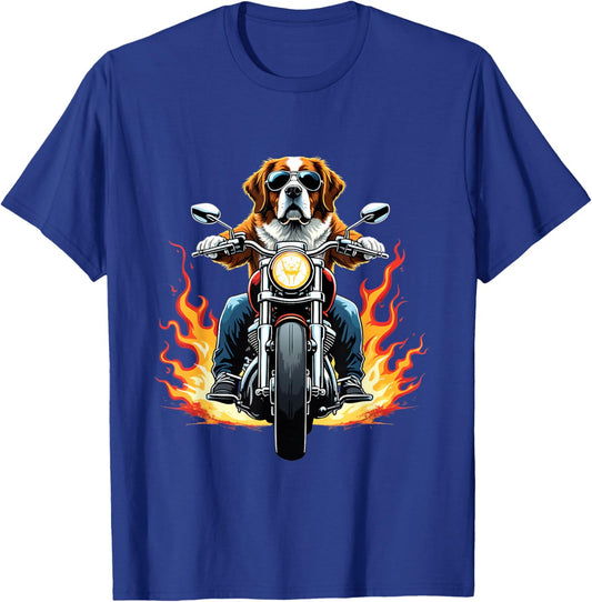 Funny St Bernard Dog Riding a Motorcycle Saint Bernard Lover T-Shirt - T-Shirt | Royal