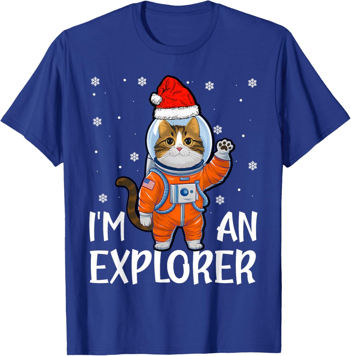 Funny Christmas Astronaut Cat Santa Hat Space Snowflakes T-Shirt - T-Shirt | Royal