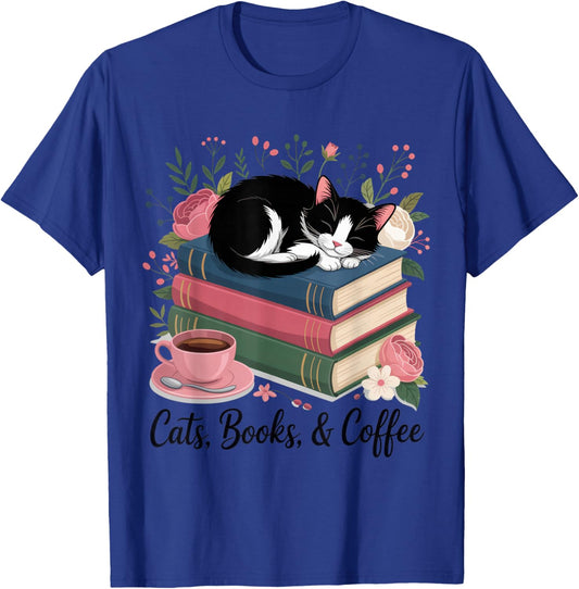 Cats, Books, & Coffee for Cat Lovers in Relaxed Weekend T-Shirt - T-Shirt | Royal