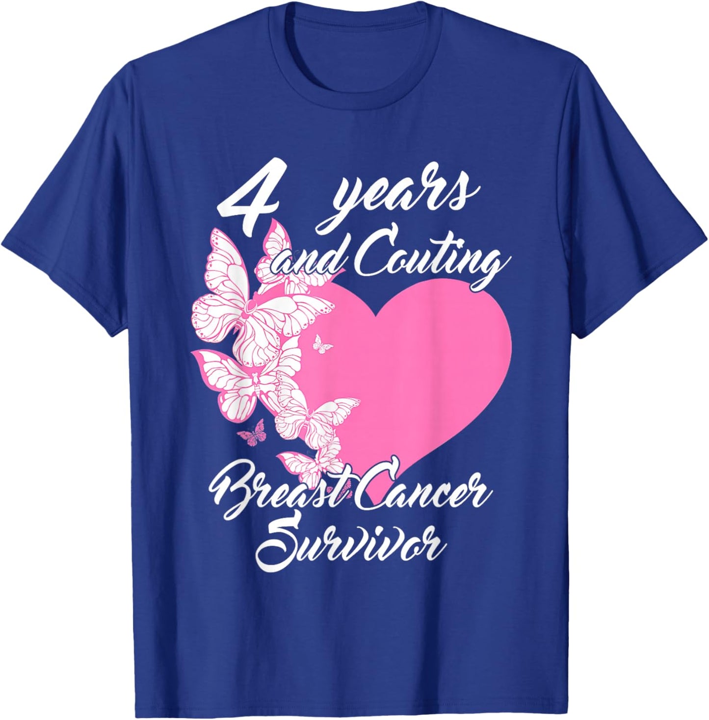 Survivor 4 Years Cancer Free Breast Cancer Butterfly Heart T-Shirt - T-Shirt | Royal
