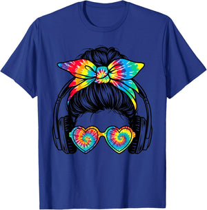 Audiophile Tie Dye Messy Bun Girl with Headphones Music T-Shirt - T-Shirt | Royal