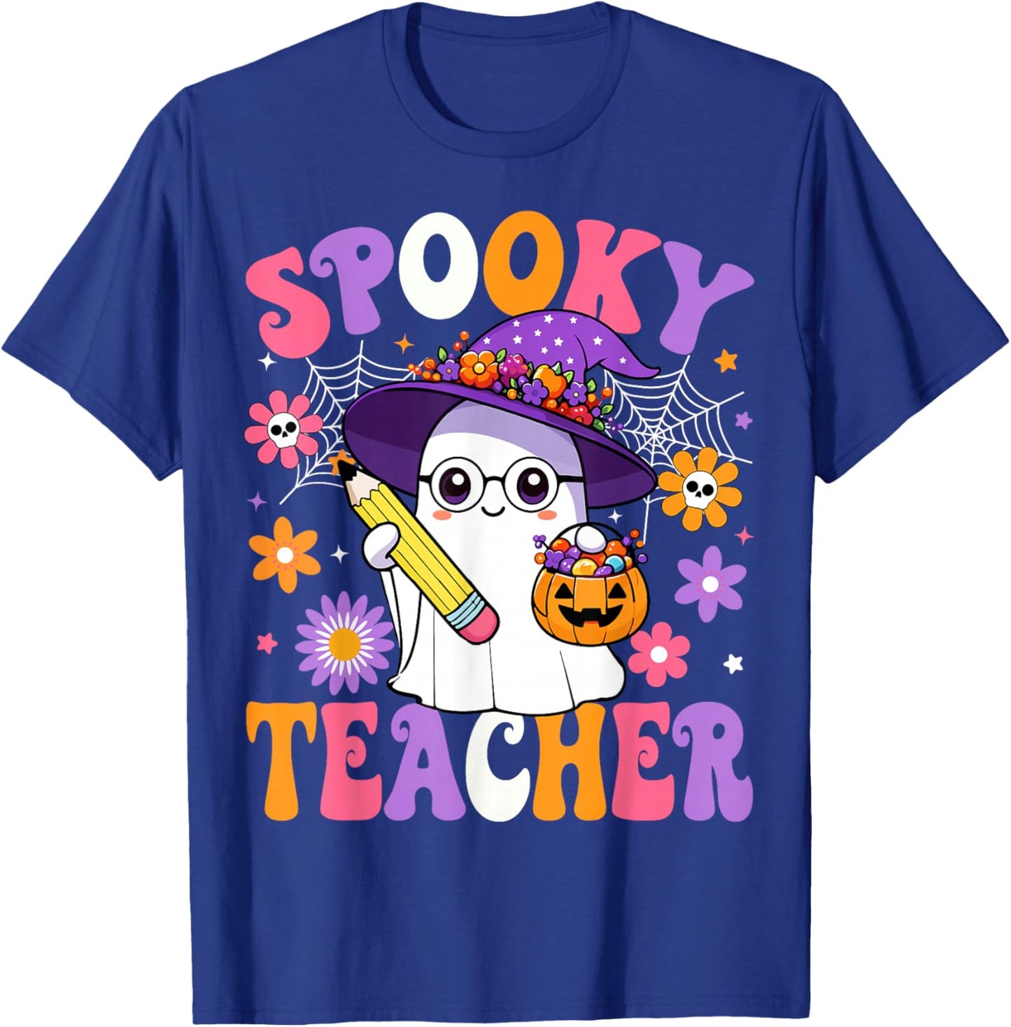 Trick Or Teach Spooky Teacher Ghost Funny Halloween Teacher T-Shirt - T-Shirt | Royal