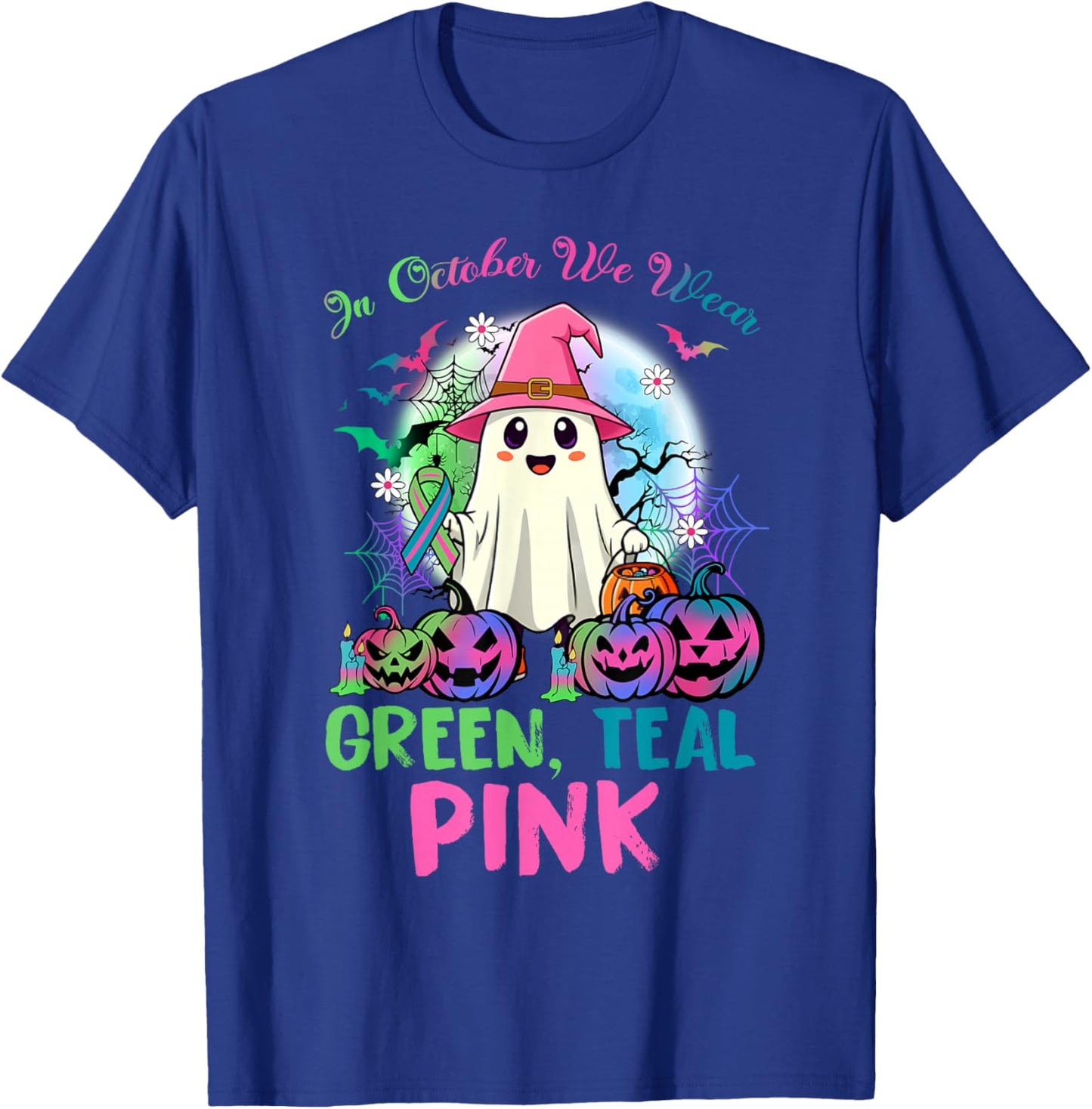in October We Wear Teal Pink Halloween Metastatic Breast Can T-Shirt - T-Shirt | Royal