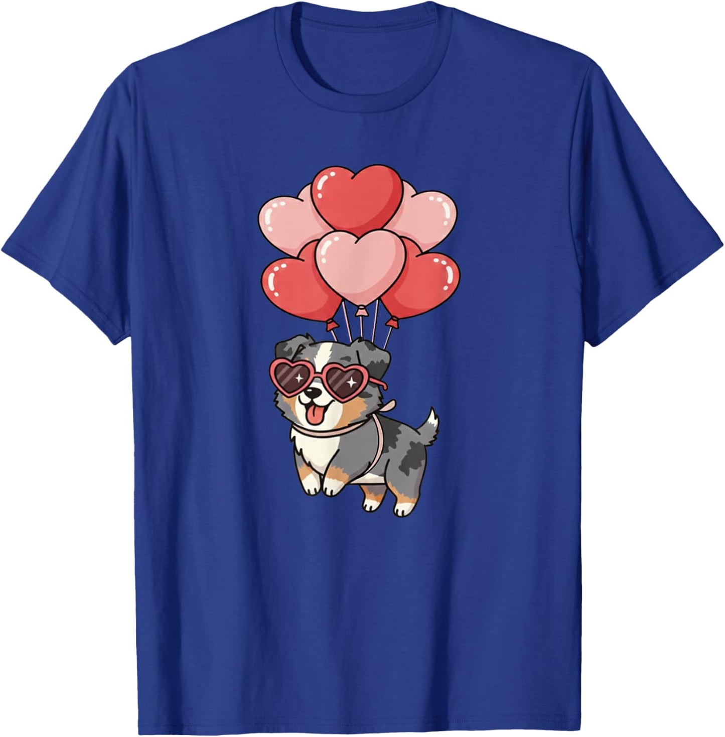 Valentines Day Heart Balloons Blue Merle Australian Shepherd T-Shirt - T-Shirt | Royal