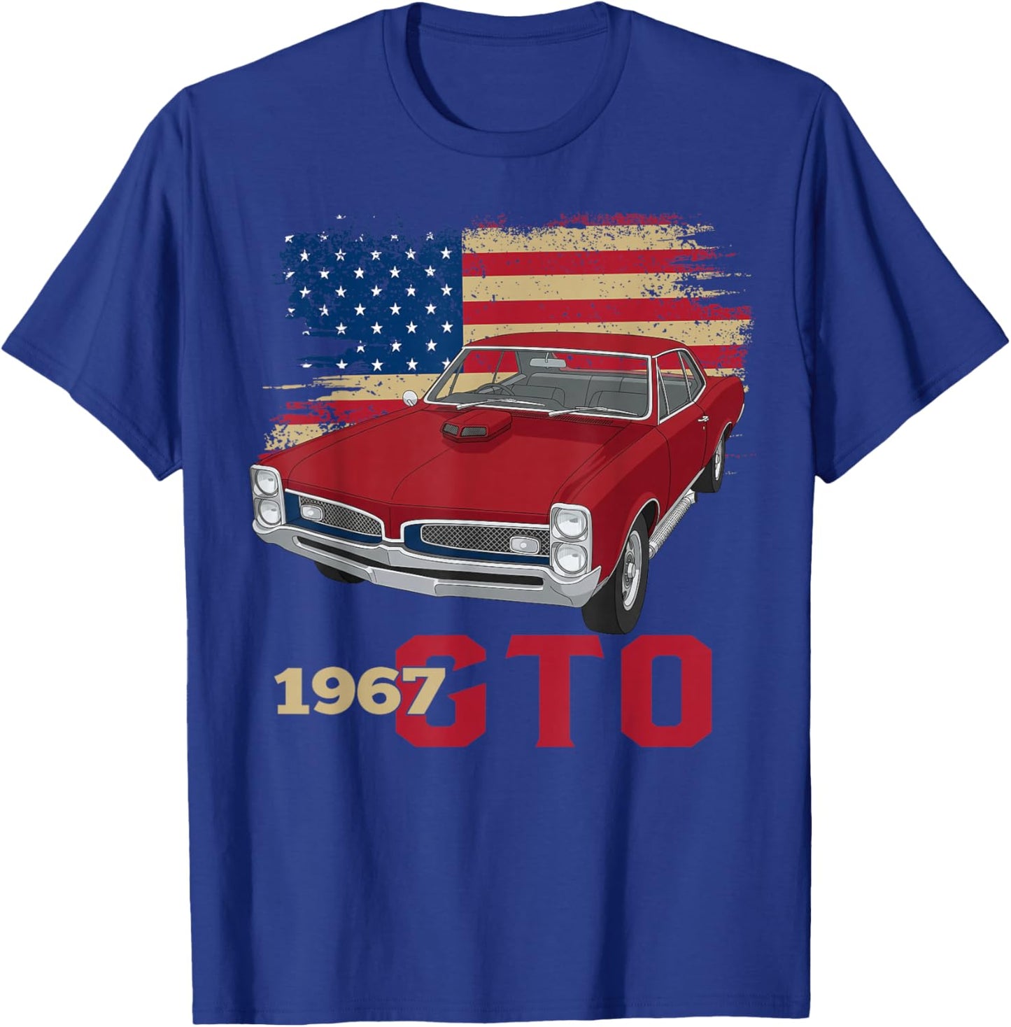 67 1967 GTO Silhouette Muscle Car American Flag T-Shirt - T-Shirt | Royal